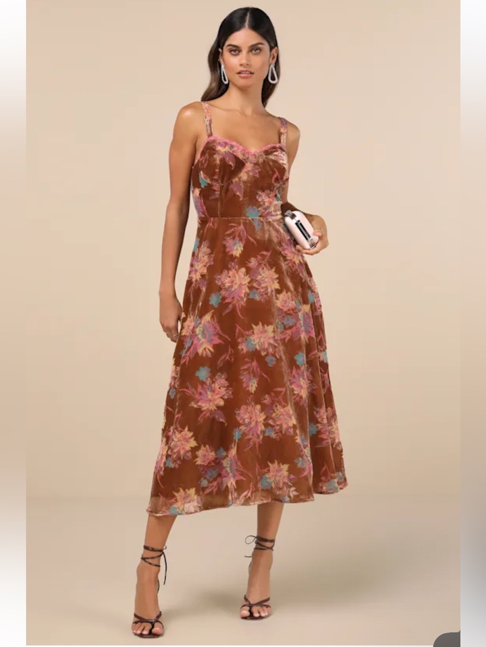 NWT Lulus Coveted Grace Brown Velvet Burnout Bustier Midi Dress FLAWED